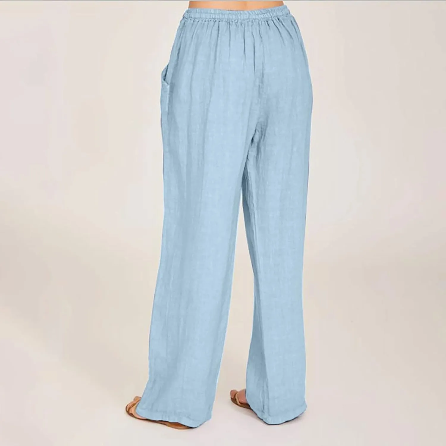 YRAETENM Casual Linen Pants for Women Wide Leg Baggy Flowy Beach Trousers Summer Elastic High Waisted Palazzo Pants