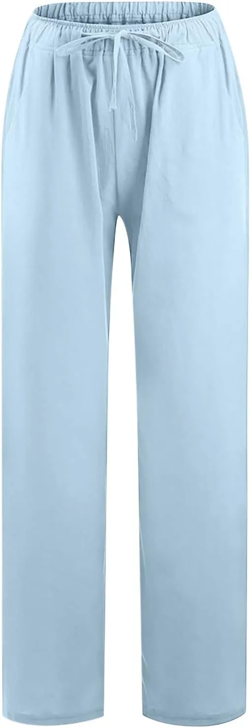 YRAETENM Casual Linen Pants for Women Wide Leg Baggy Flowy Beach Trousers Summer Elastic High Waisted Palazzo Pants