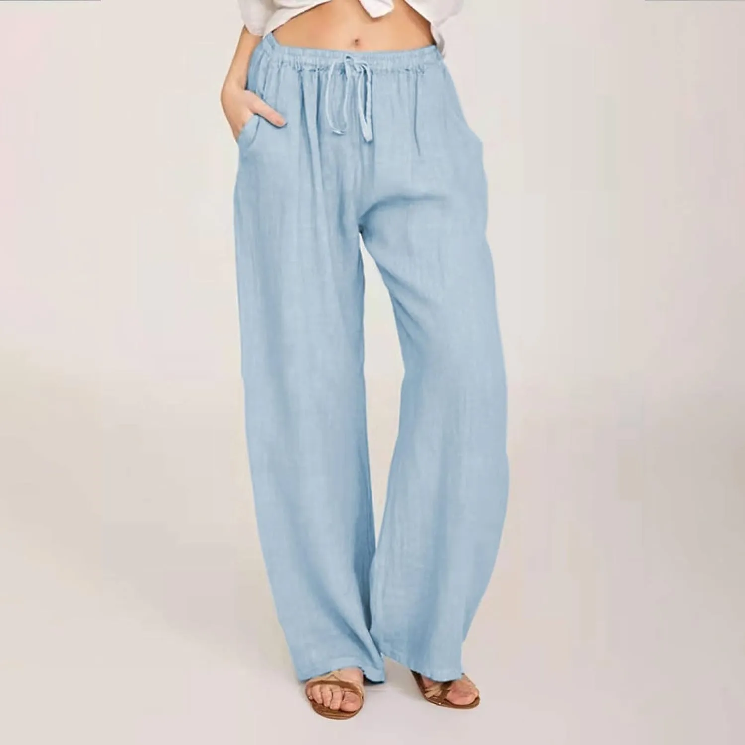 YRAETENM Casual Linen Pants for Women Wide Leg Baggy Flowy Beach Trousers Summer Elastic High Waisted Palazzo Pants