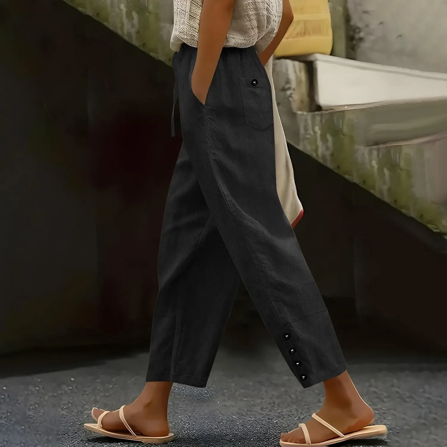 YRAETENM Cotton Linen Pants for Women Casual Elastic Waist Straight Leg Tapered Trousers Side Button Slacks with Pockets