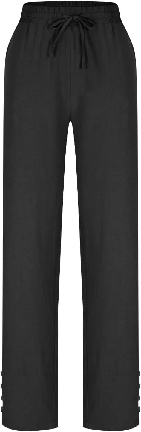 YRAETENM Cotton Linen Pants for Women Casual Elastic Waist Straight Leg Tapered Trousers Side Button Slacks with Pockets