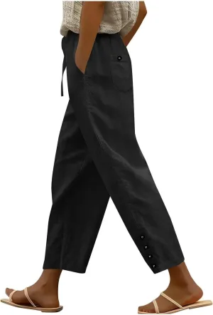 YRAETENM Cotton Linen Pants for Women Casual Elastic Waist Straight Leg Tapered Trousers Side Button Slacks with Pockets