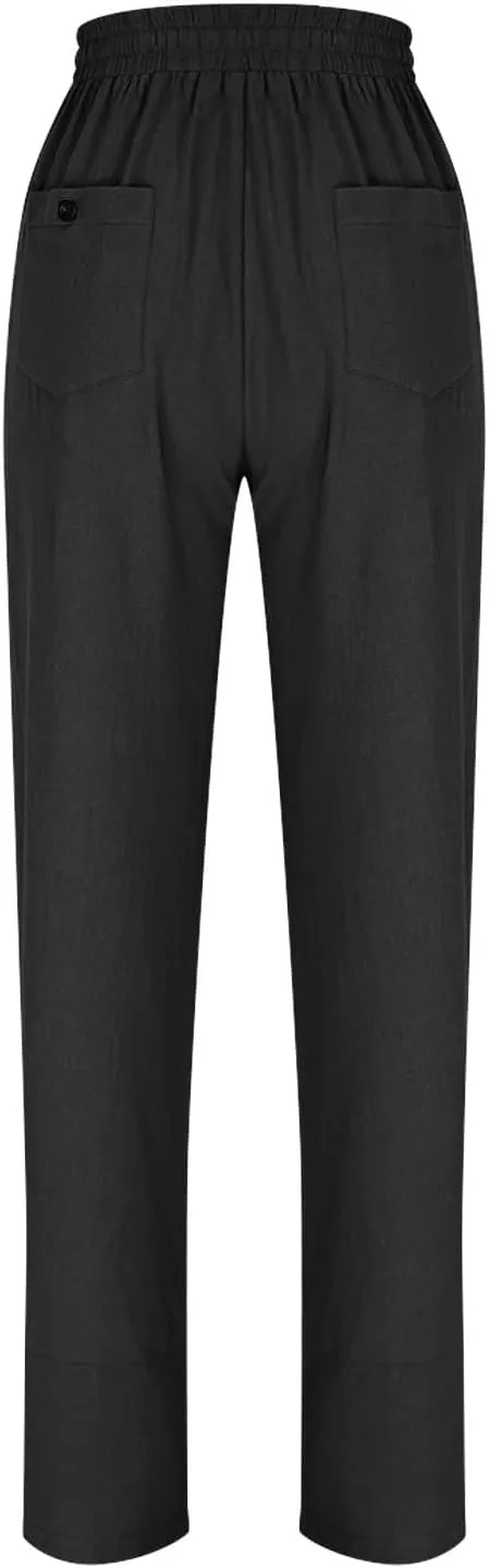 YRAETENM Cotton Linen Pants for Women Casual Elastic Waist Straight Leg Tapered Trousers Side Button Slacks with Pockets