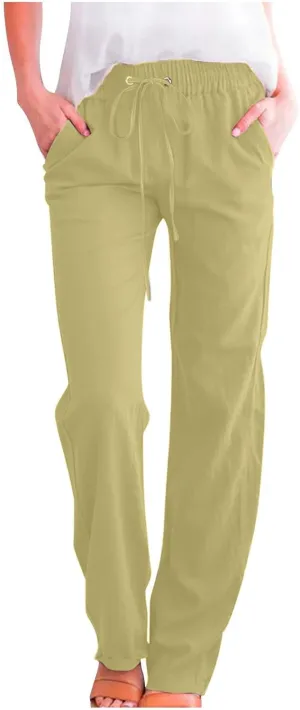YRAETENM Cotton Linen Pants for Women Summer Loose Fit Elastic Waist Solid Lounge Trousers Casual Comfy Beach Travel Clothes