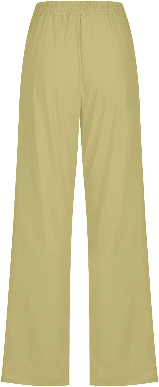YRAETENM Cotton Linen Pants for Women Summer Loose Fit Elastic Waist Solid Lounge Trousers Casual Comfy Beach Travel Clothes
