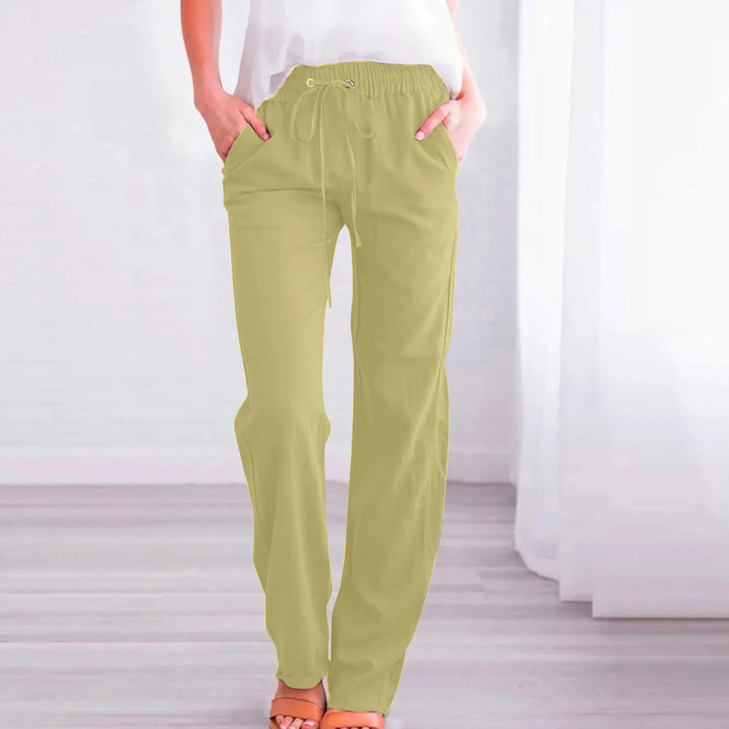 YRAETENM Cotton Linen Pants for Women Summer Loose Fit Elastic Waist Solid Lounge Trousers Casual Comfy Beach Travel Clothes