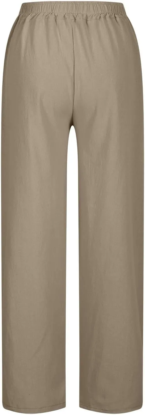 YRAETENM Linen Pants for Women High Waisted Elastic Drawstring Wide Leg Trousers Casual Comfy Beach Outfits with Pockets