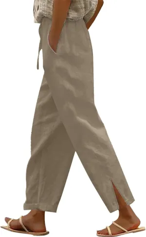 YRAETENM Linen Pants for Women High Waisted Elastic Drawstring Wide Leg Trousers Casual Comfy Beach Outfits with Pockets