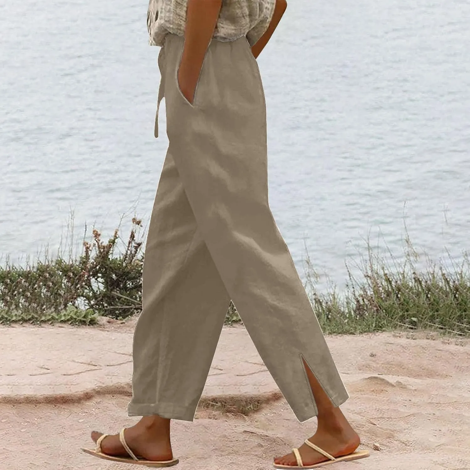 YRAETENM Linen Pants for Women High Waisted Elastic Drawstring Wide Leg Trousers Casual Comfy Beach Outfits with Pockets