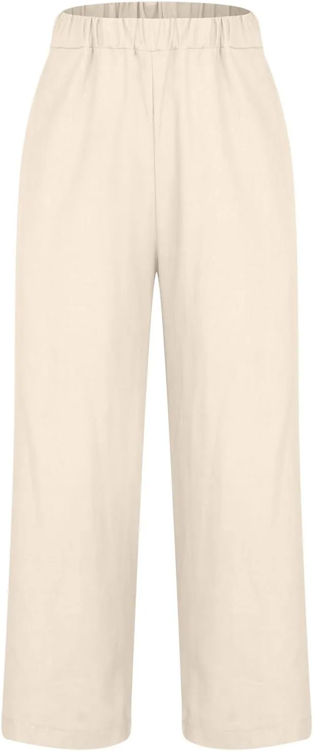 YRAETENM Linen Pants for Women Summer High Waist Elastic Straight Leg Lounge Pants Casual Loose Lightweight Beach Trousers