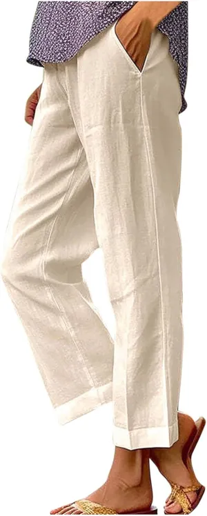 YRAETENM Linen Pants for Women Summer High Waist Elastic Straight Leg Lounge Pants Casual Loose Lightweight Beach Trousers