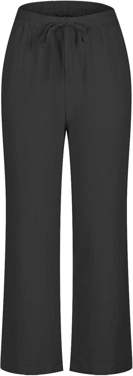 YRAETENM Women's Linen Drawstring Pants Summer Elastic High Waisted Capris Casual Straight Leg Cropped Trousers with Pockets