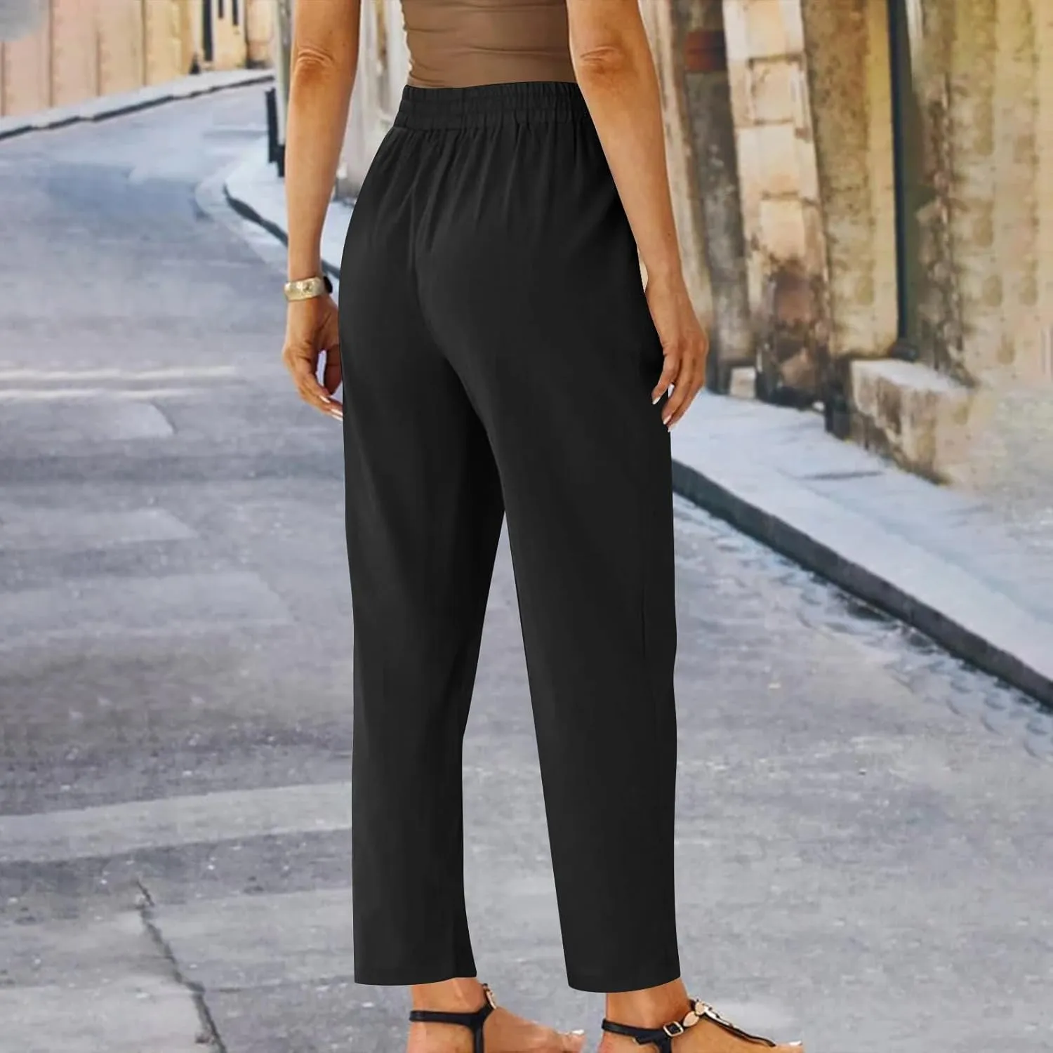 YRAETENM Women's Linen Drawstring Pants Summer Elastic High Waisted Capris Casual Straight Leg Cropped Trousers with Pockets