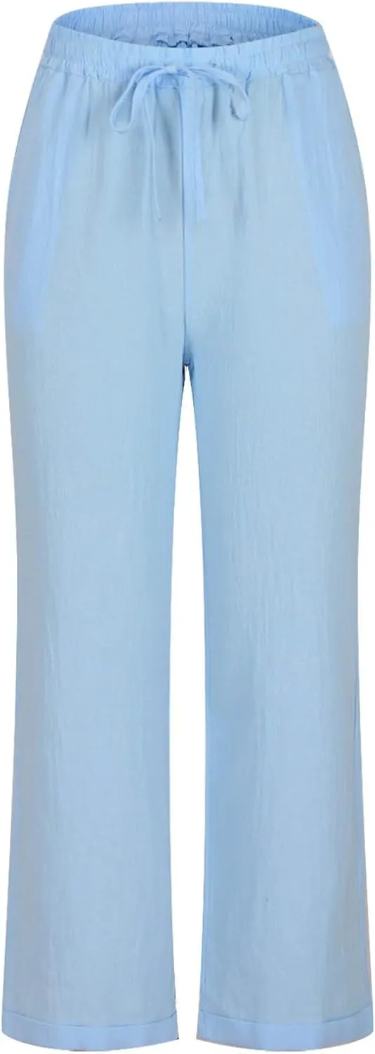 YRAETENM Women's Linen Drawstring Pants Summer Elastic High Waisted Capris Casual Straight Leg Cropped Trousers with Pockets