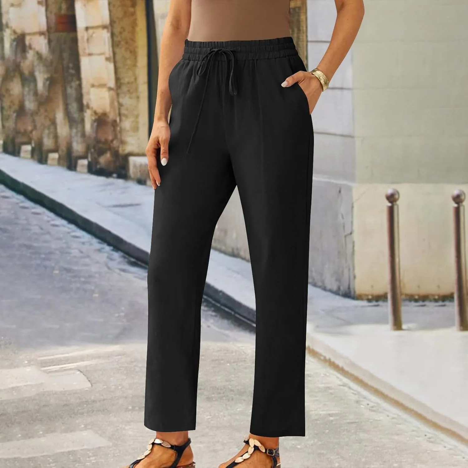 YRAETENM Women's Linen Drawstring Pants Summer Elastic High Waisted Capris Casual Straight Leg Cropped Trousers with Pockets