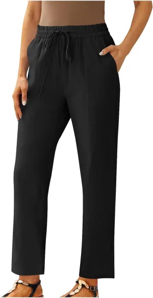 YRAETENM Women's Linen Drawstring Pants Summer Elastic High Waisted Capris Casual Straight Leg Cropped Trousers with Pockets
