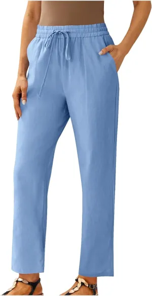 YRAETENM Women's Linen Drawstring Pants Summer Elastic High Waisted Capris Casual Straight Leg Cropped Trousers with Pockets