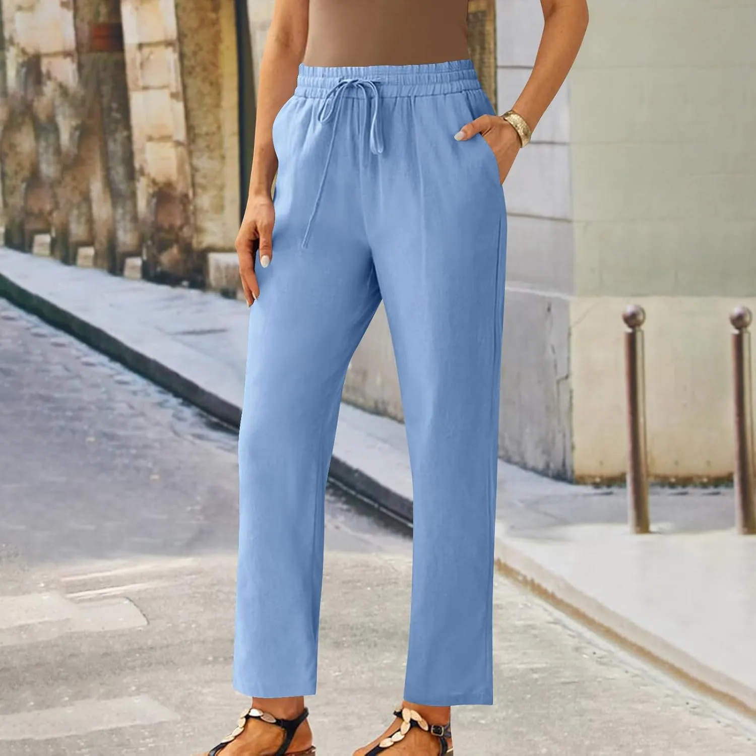 YRAETENM Women's Linen Drawstring Pants Summer Elastic High Waisted Capris Casual Straight Leg Cropped Trousers with Pockets