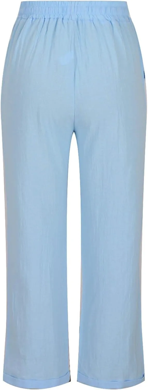 YRAETENM Women's Linen Drawstring Pants Summer Elastic High Waisted Capris Casual Straight Leg Cropped Trousers with Pockets