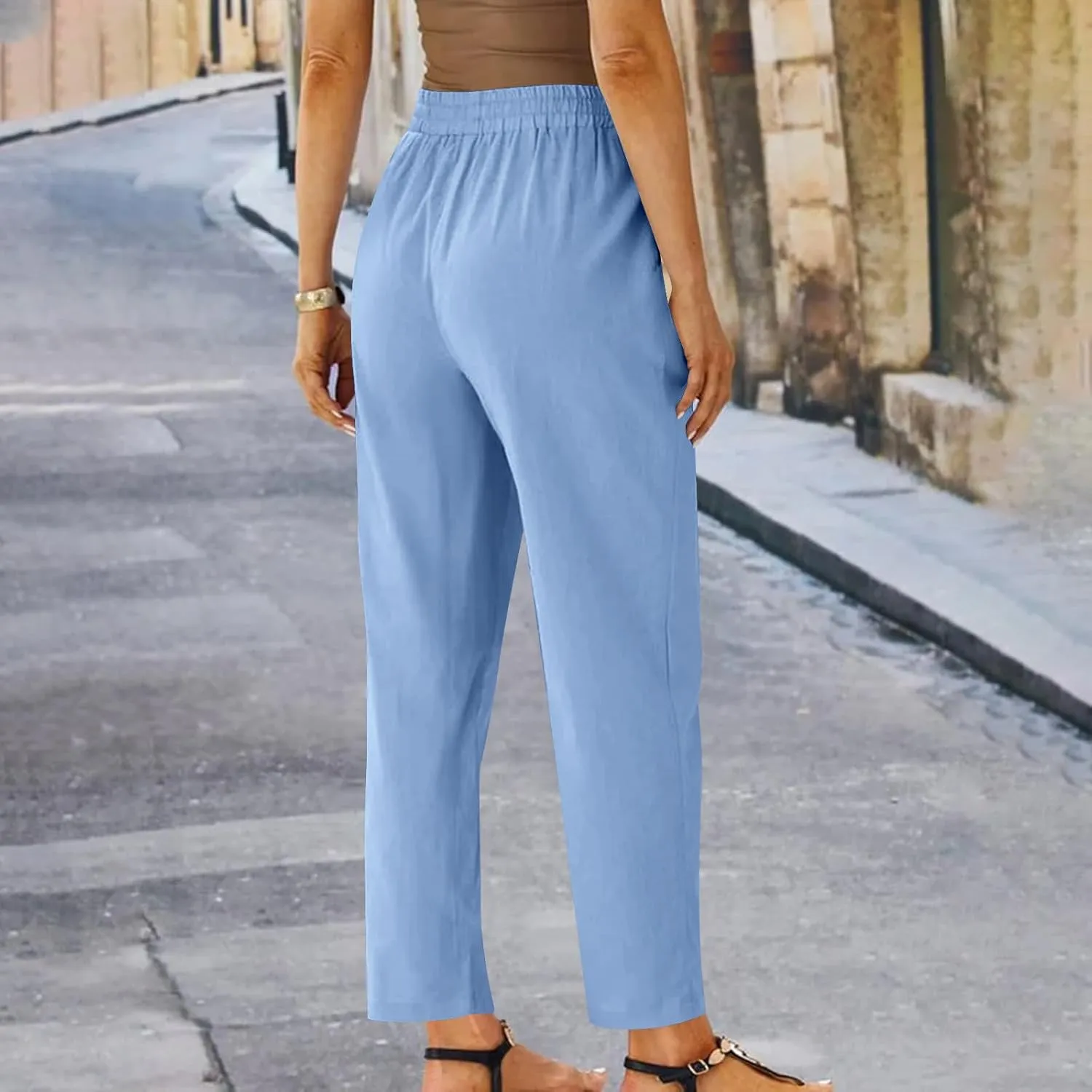 YRAETENM Women's Linen Drawstring Pants Summer Elastic High Waisted Capris Casual Straight Leg Cropped Trousers with Pockets