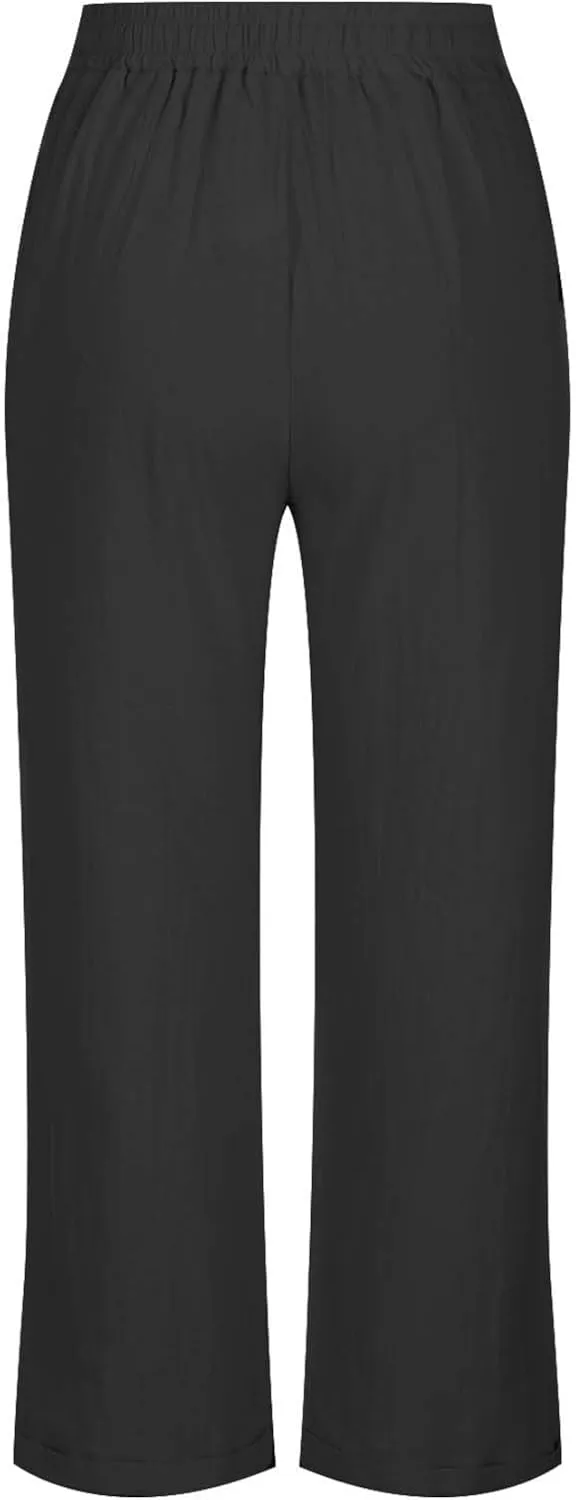 YRAETENM Women's Linen Drawstring Pants Summer Elastic High Waisted Capris Casual Straight Leg Cropped Trousers with Pockets