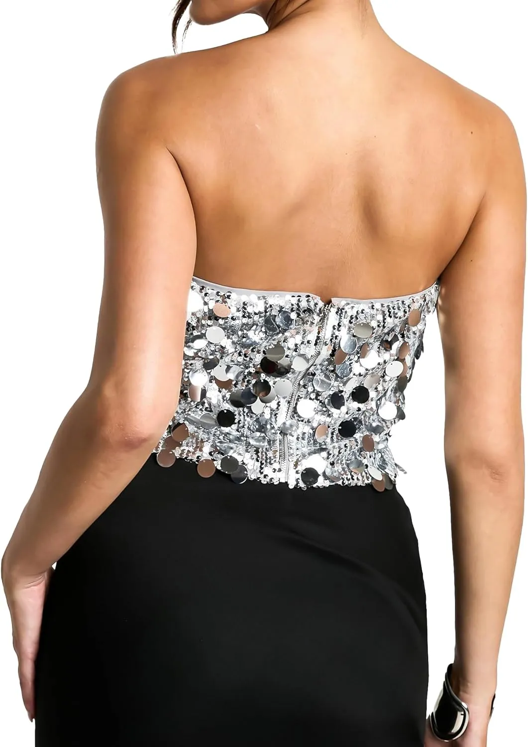 YYA Women's Silver Strapless Sequin Cowl Neck Crop Top Sleeveless Cami Tank Tops, S-XL