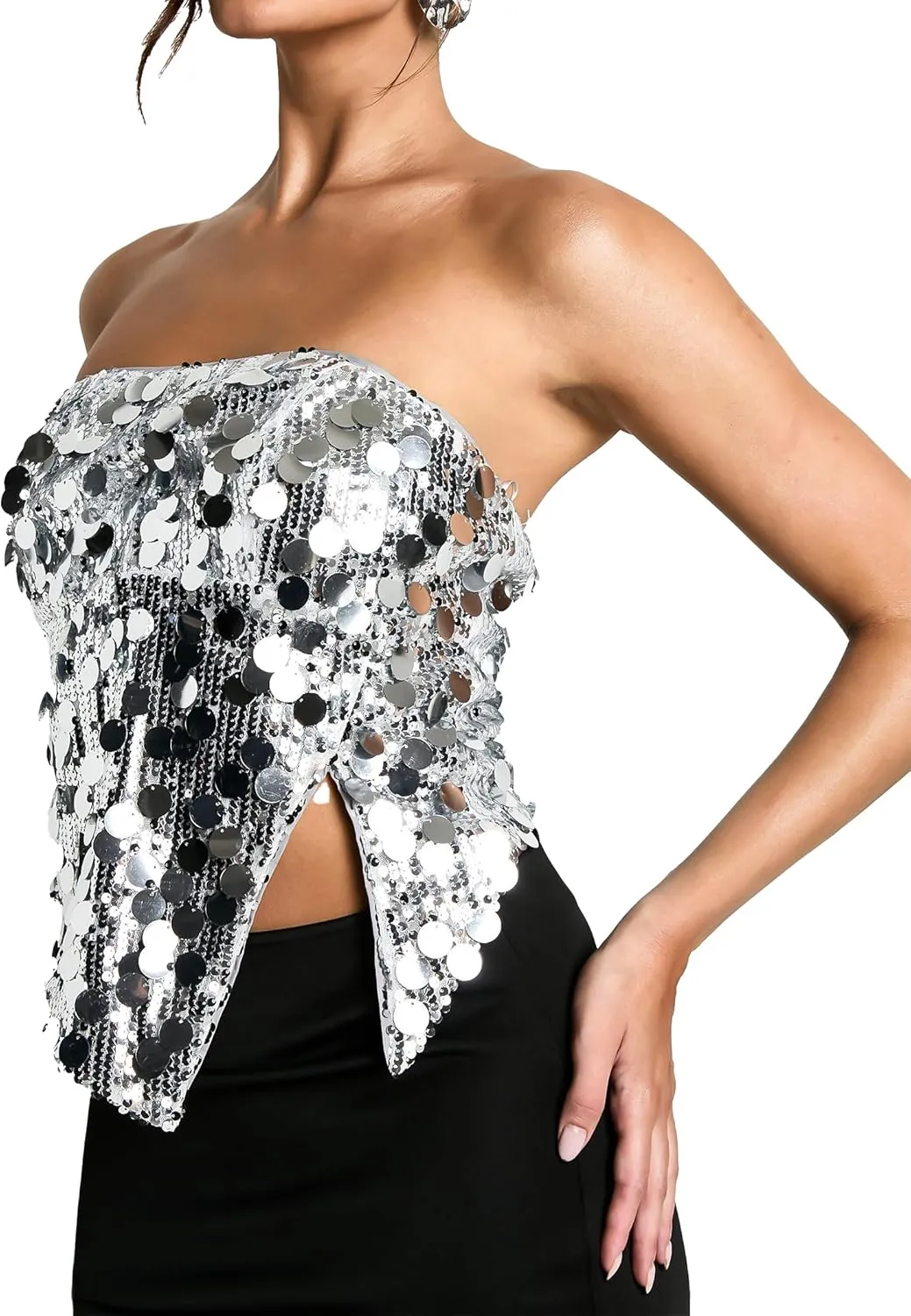 YYA Women's Silver Strapless Sequin Cowl Neck Crop Top Sleeveless Cami Tank Tops, S-XL