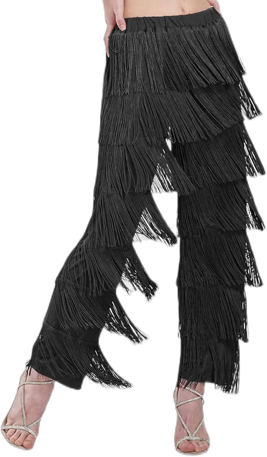 ZBH1985 Women's Latin Dance Pants Tassel Ballroom Dance Professional Black Adult Fringe Rumba Tango Salsa Practice Pants