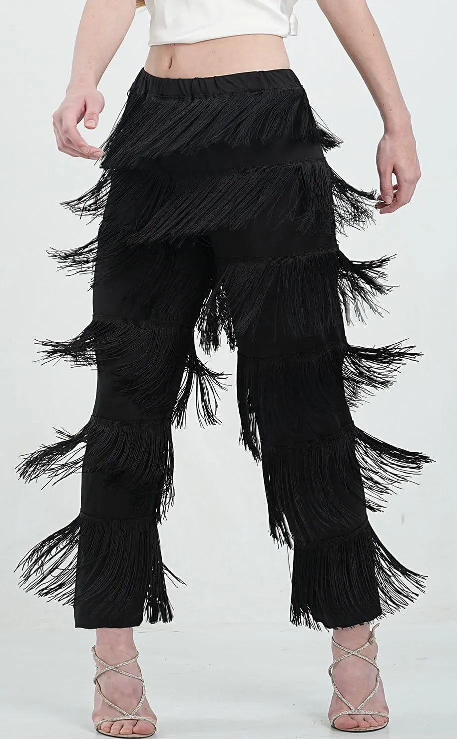 ZBH1985 Women's Latin Dance Pants Tassel Ballroom Dance Professional Black Adult Fringe Rumba Tango Salsa Practice Pants