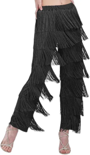 ZBH1985 Women's Latin Dance Pants Tassel Ballroom Dance Professional Black Adult Fringe Rumba Tango Salsa Practice Pants