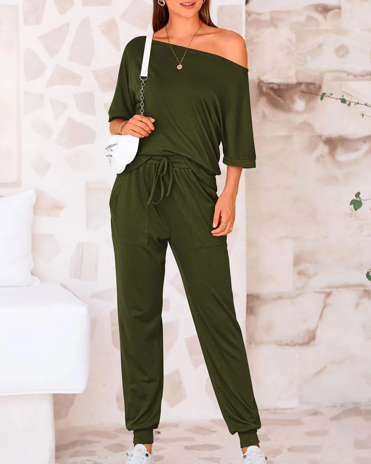 Zenlonr Women Summer 2 Piece Outfits 2025 Off Shoulder Short Sleeve Tops Elastic Waist Drawstring Long Pants Tracksuit