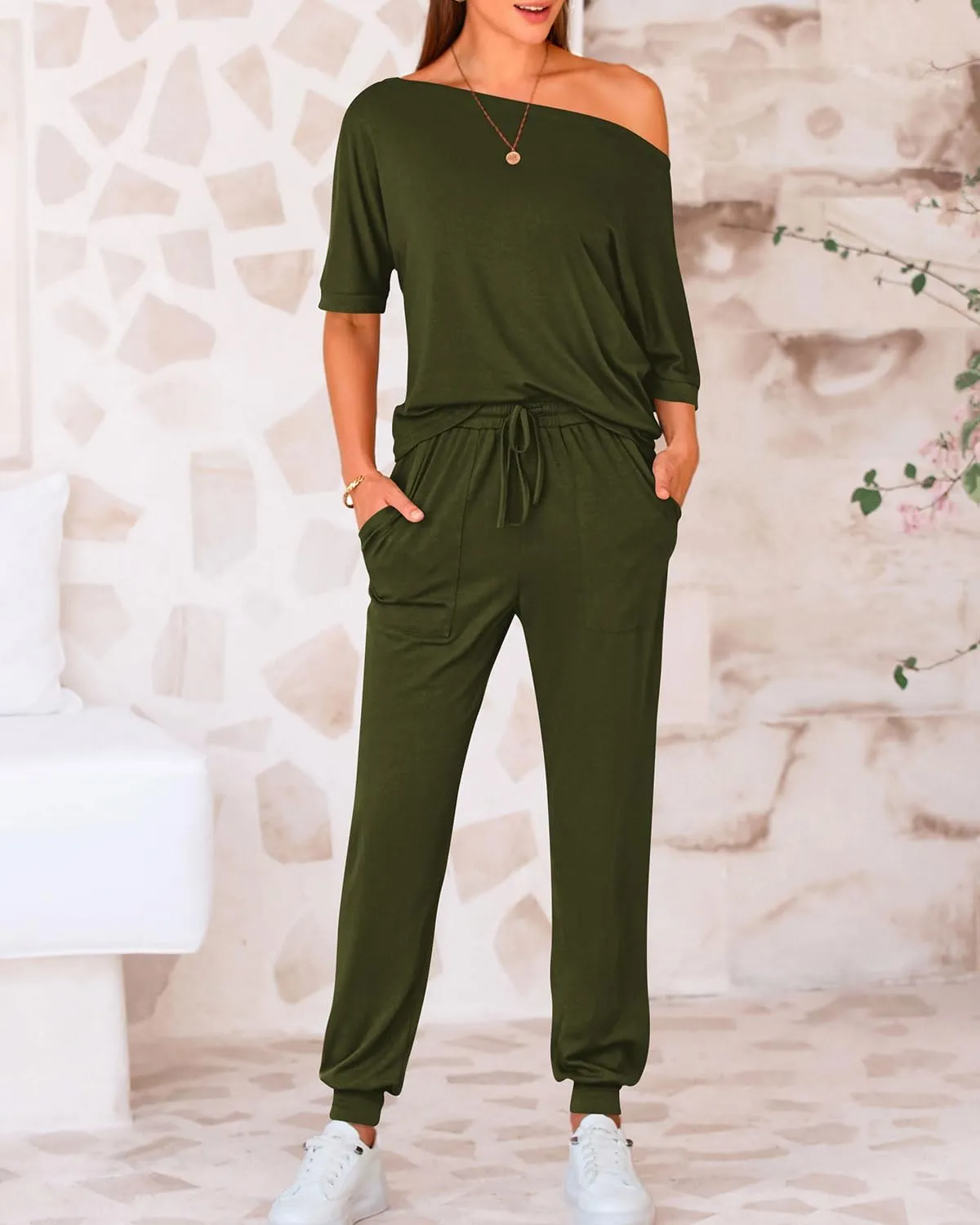 Zenlonr Women Summer 2 Piece Outfits 2025 Off Shoulder Short Sleeve Tops Elastic Waist Drawstring Long Pants Tracksuit