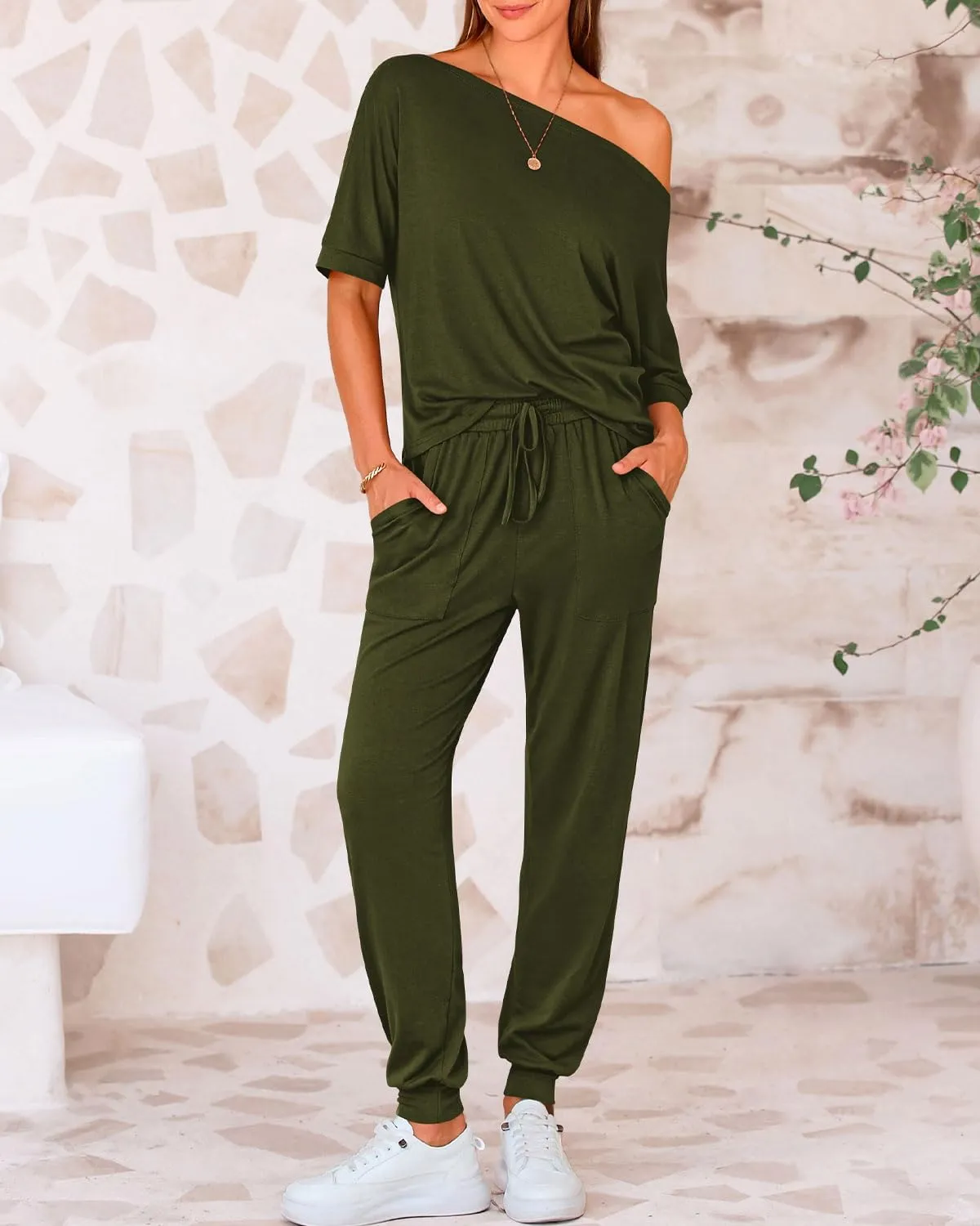 Zenlonr Women Summer 2 Piece Outfits 2025 Off Shoulder Short Sleeve Tops Elastic Waist Drawstring Long Pants Tracksuit