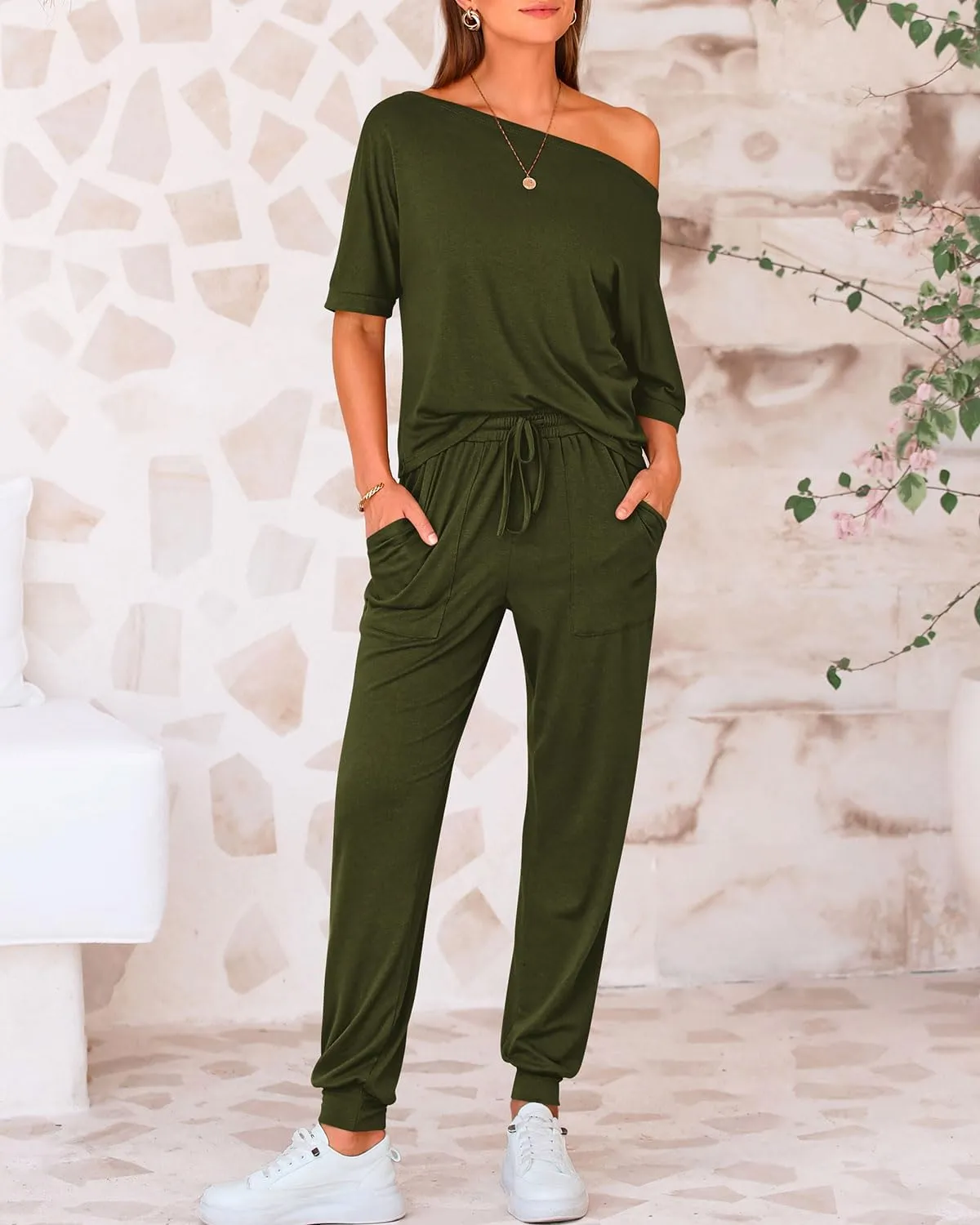 Zenlonr Women Summer 2 Piece Outfits 2025 Off Shoulder Short Sleeve Tops Elastic Waist Drawstring Long Pants Tracksuit