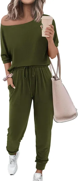 Zenlonr Women Summer 2 Piece Outfits 2025 Off Shoulder Short Sleeve Tops Elastic Waist Drawstring Long Pants Tracksuit