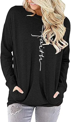 ZILIN Women's Casual Letter Print Crewneck T-Shirt Long Sleeve Tunic Tops Sweatshirt with Pockets