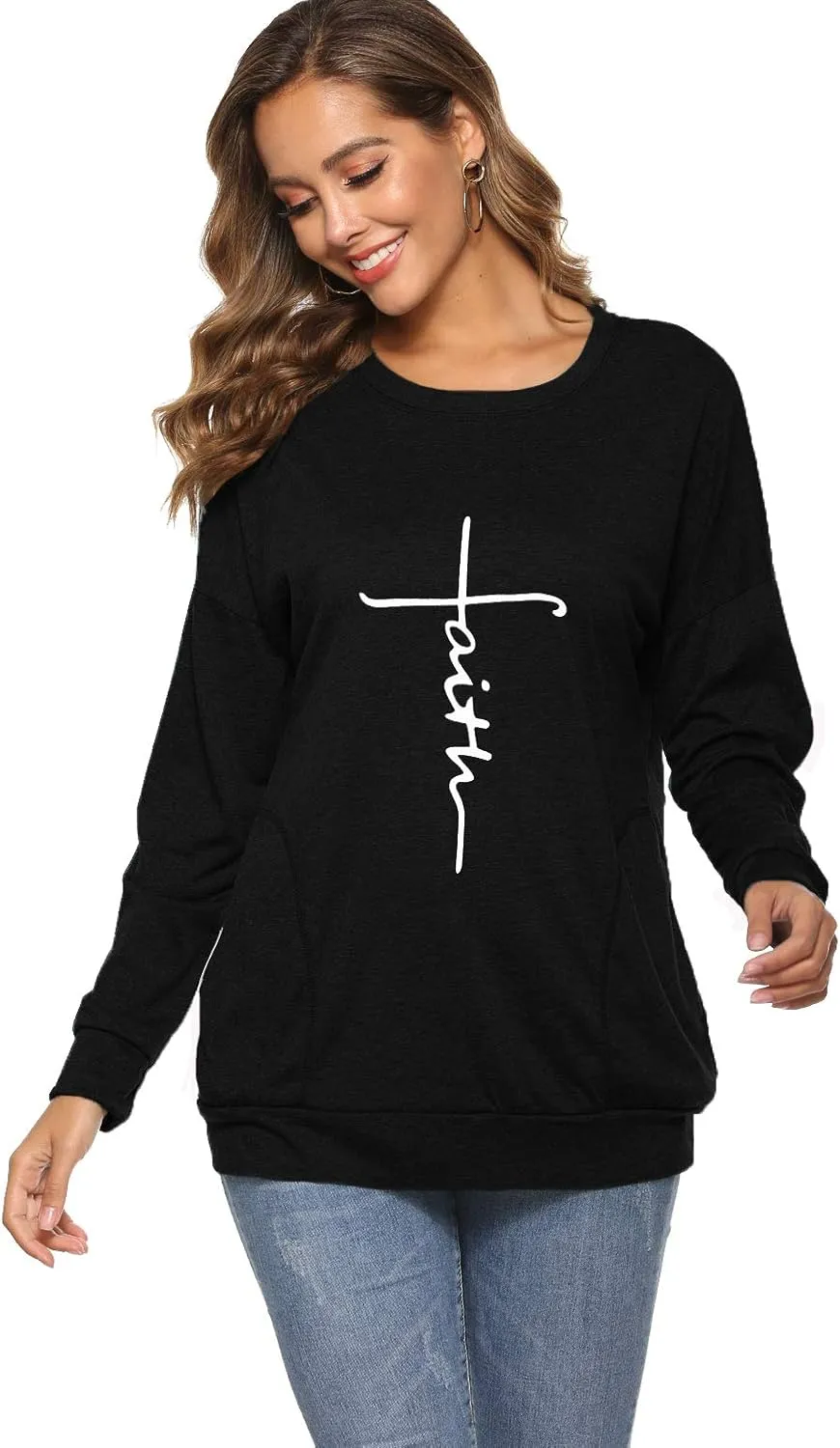 ZILIN Women's Casual Letter Print Crewneck T-Shirt Long Sleeve Tunic Tops Sweatshirt with Pockets
