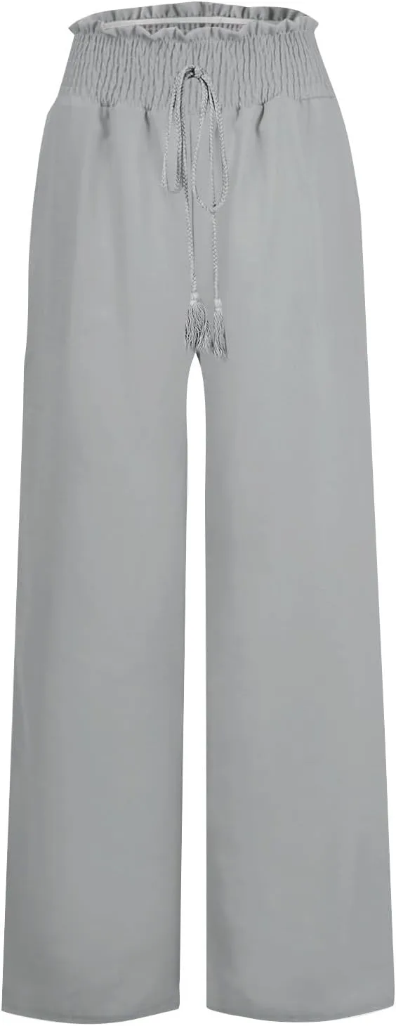 ZWRXW Linen Pants Women Summer Casual Palazzo Beach Pant Loose Lounge Pant High Waisted Adjustable Tie Knot Flowy Trouser
