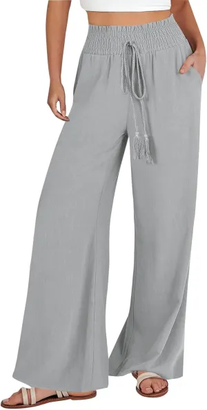 ZWRXW Linen Pants Women Summer Casual Palazzo Beach Pant Loose Lounge Pant High Waisted Adjustable Tie Knot Flowy Trouser